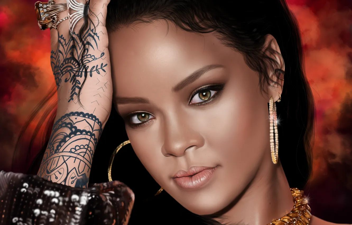 Photo wallpaper face, model, beauty, singer, Rihanna, art, Rihanna