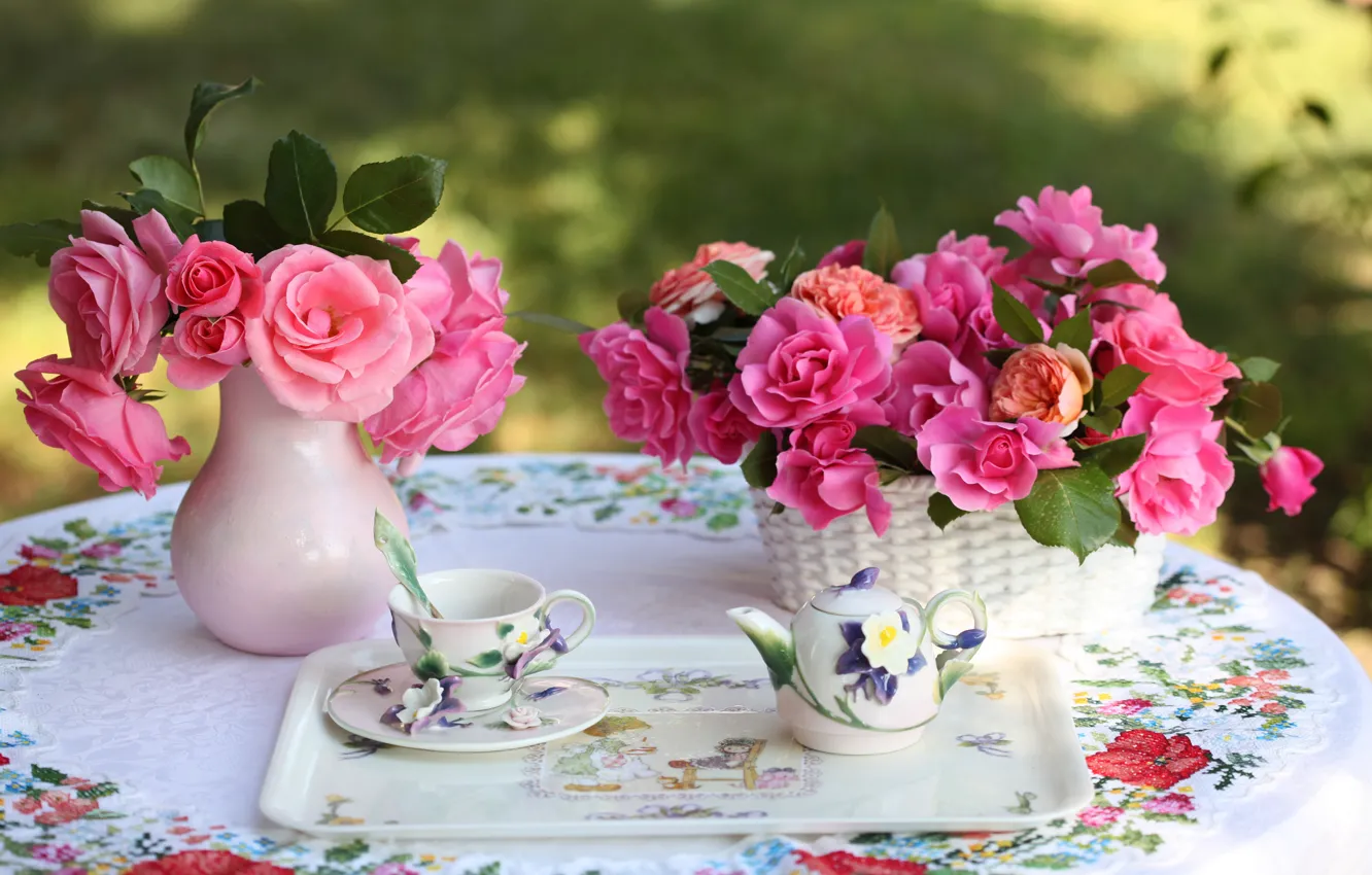 Photo wallpaper roses, kettle, Cup, tray, © Elena Di Guardo