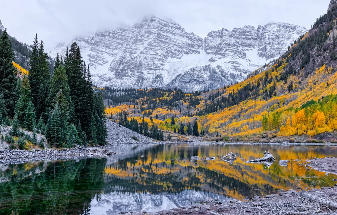 Photo wallpaper autumn, landscape, mountains, lake, USA, Maroon Lake