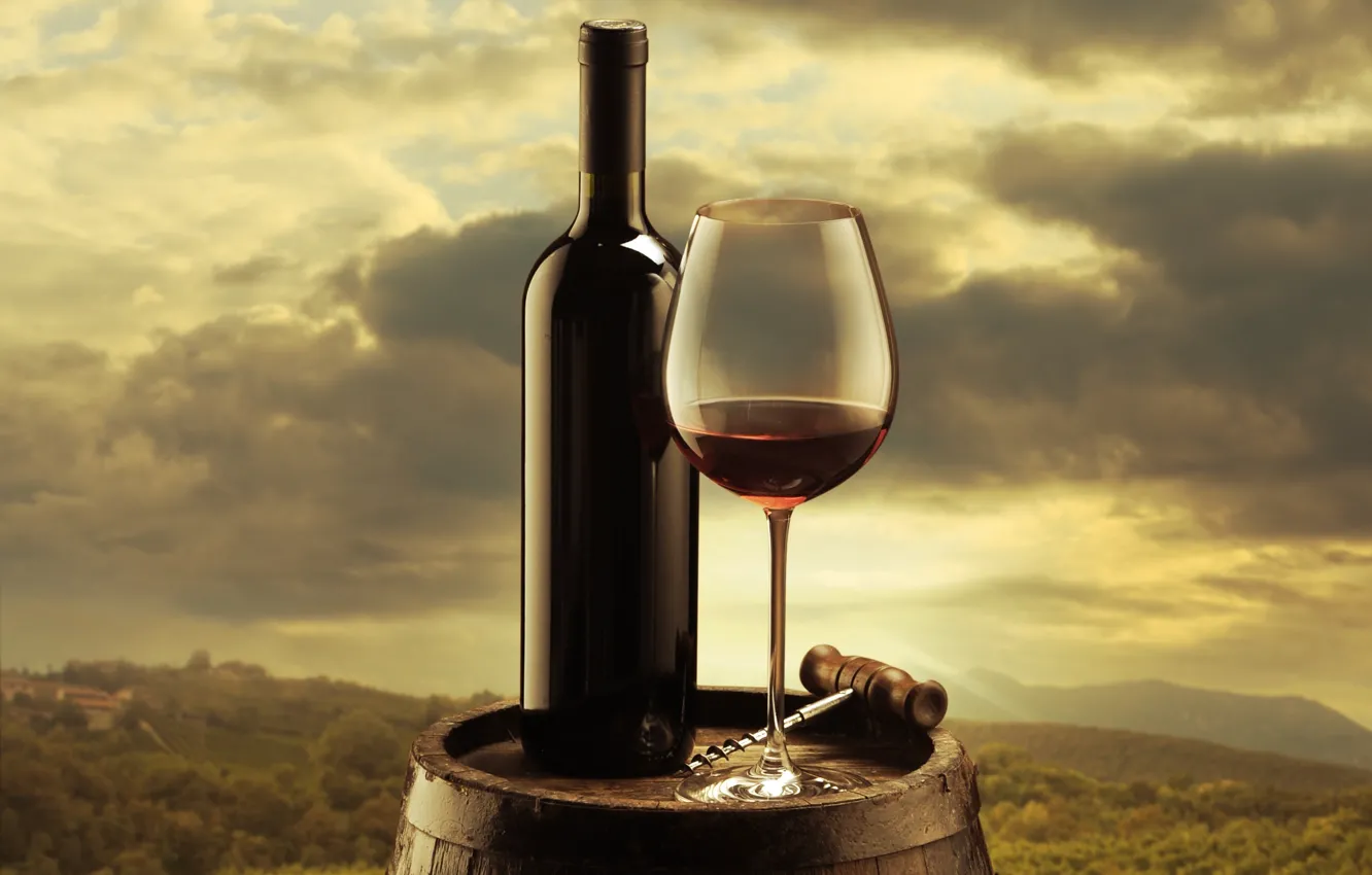 Photo wallpaper the sky, clouds, background, wine, red, glass, bottle, barrel