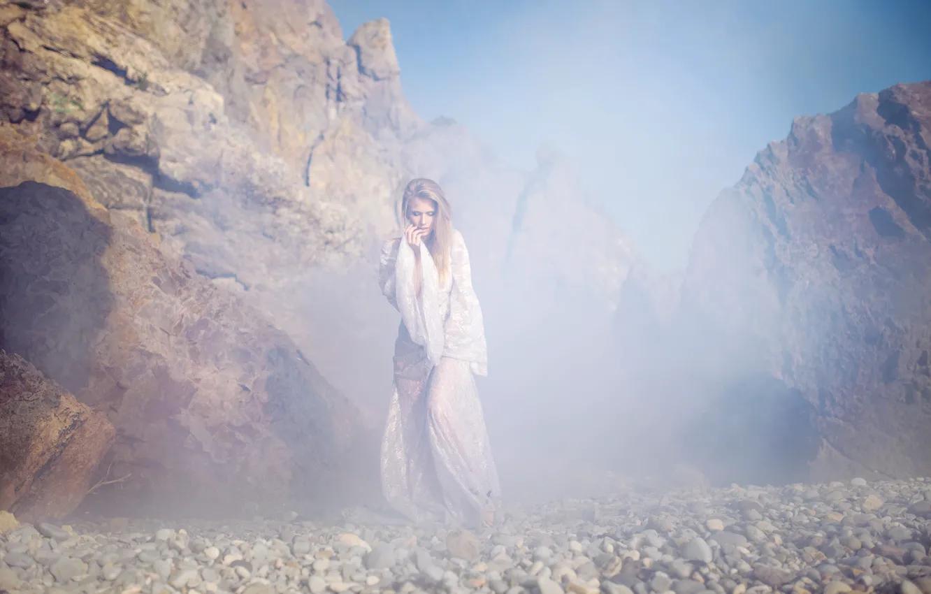 Photo wallpaper white, the sky, girl, pose, fog, pebbles, stones, rocks