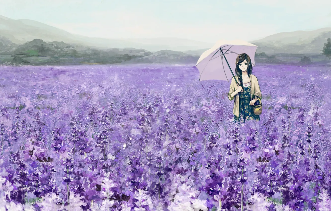 Photo wallpaper field, girl, flowers, umbrella, basket, umbrella, art, lavender