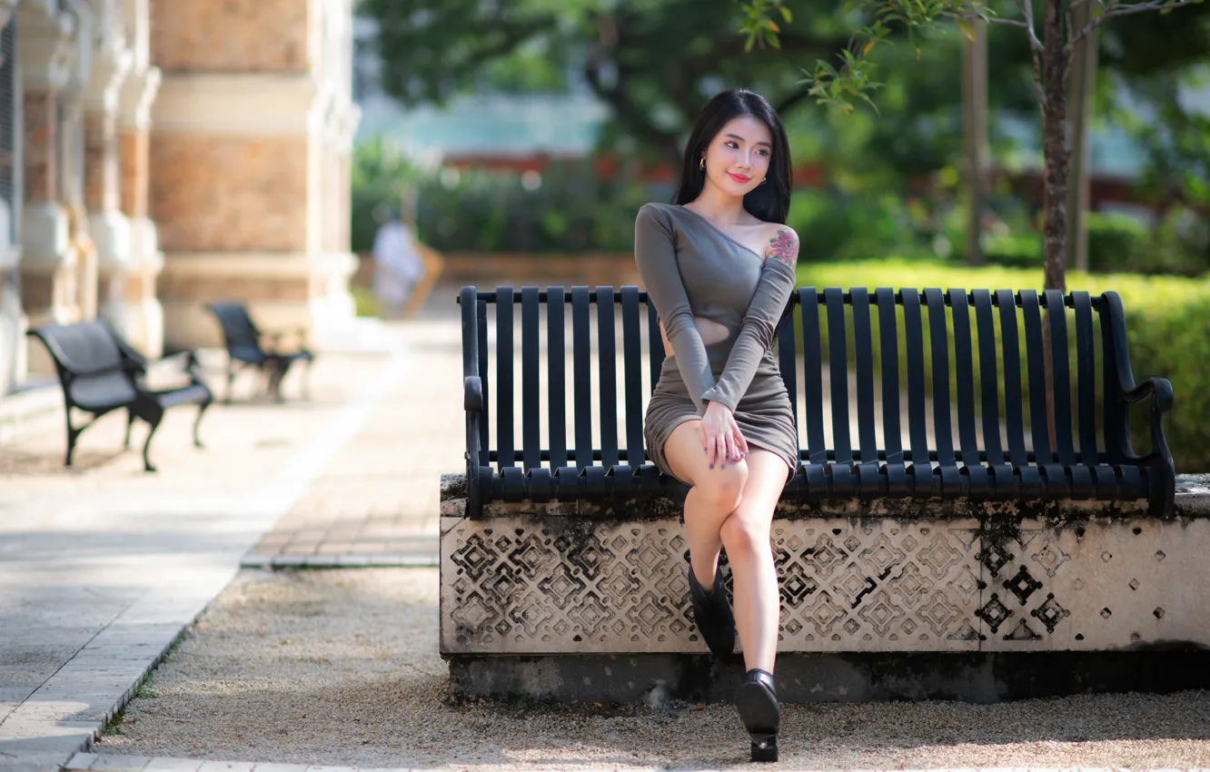Photo wallpaper bench, feet, dress, Asian, sitting