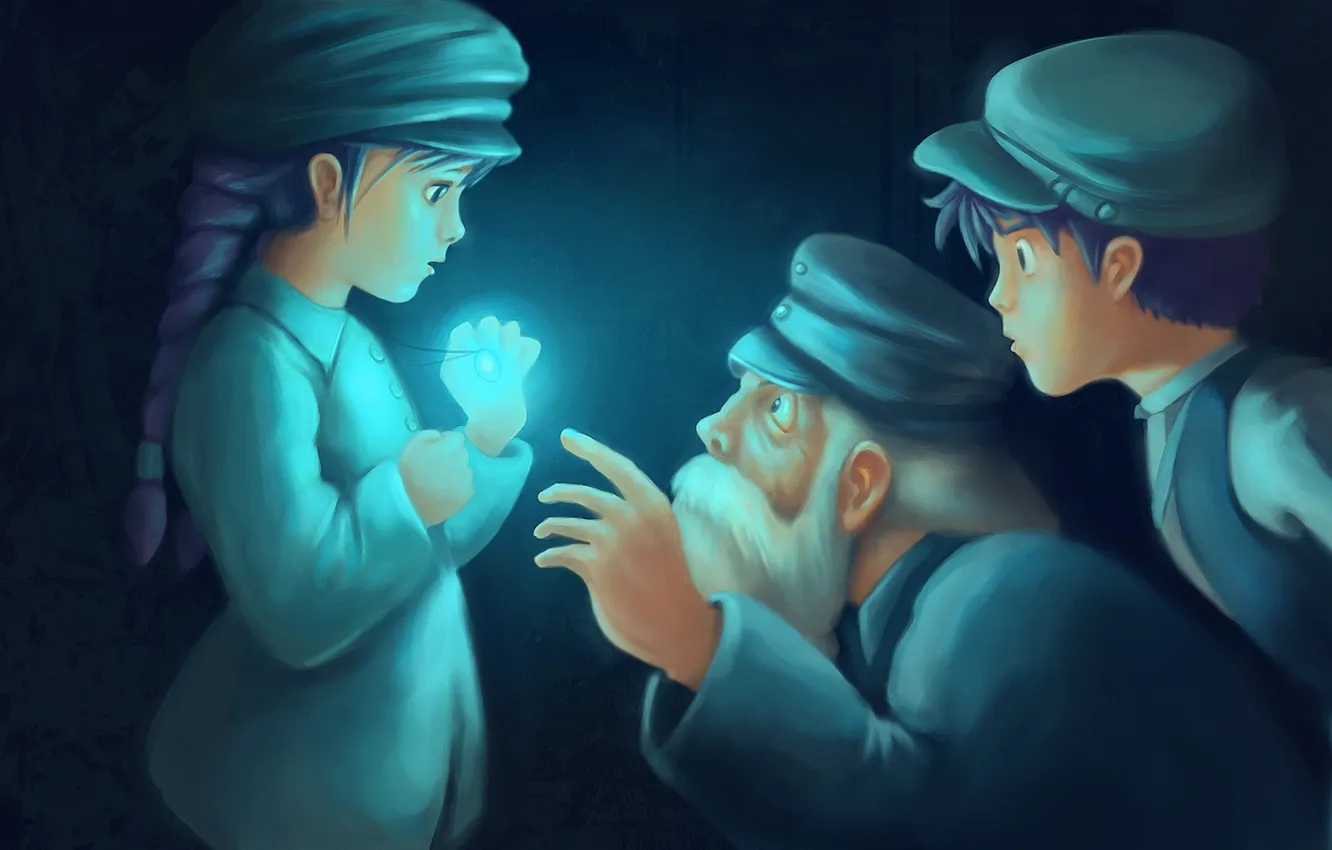 Photo wallpaper light, hat, anime, boy, art, girl, pendant, grandpa