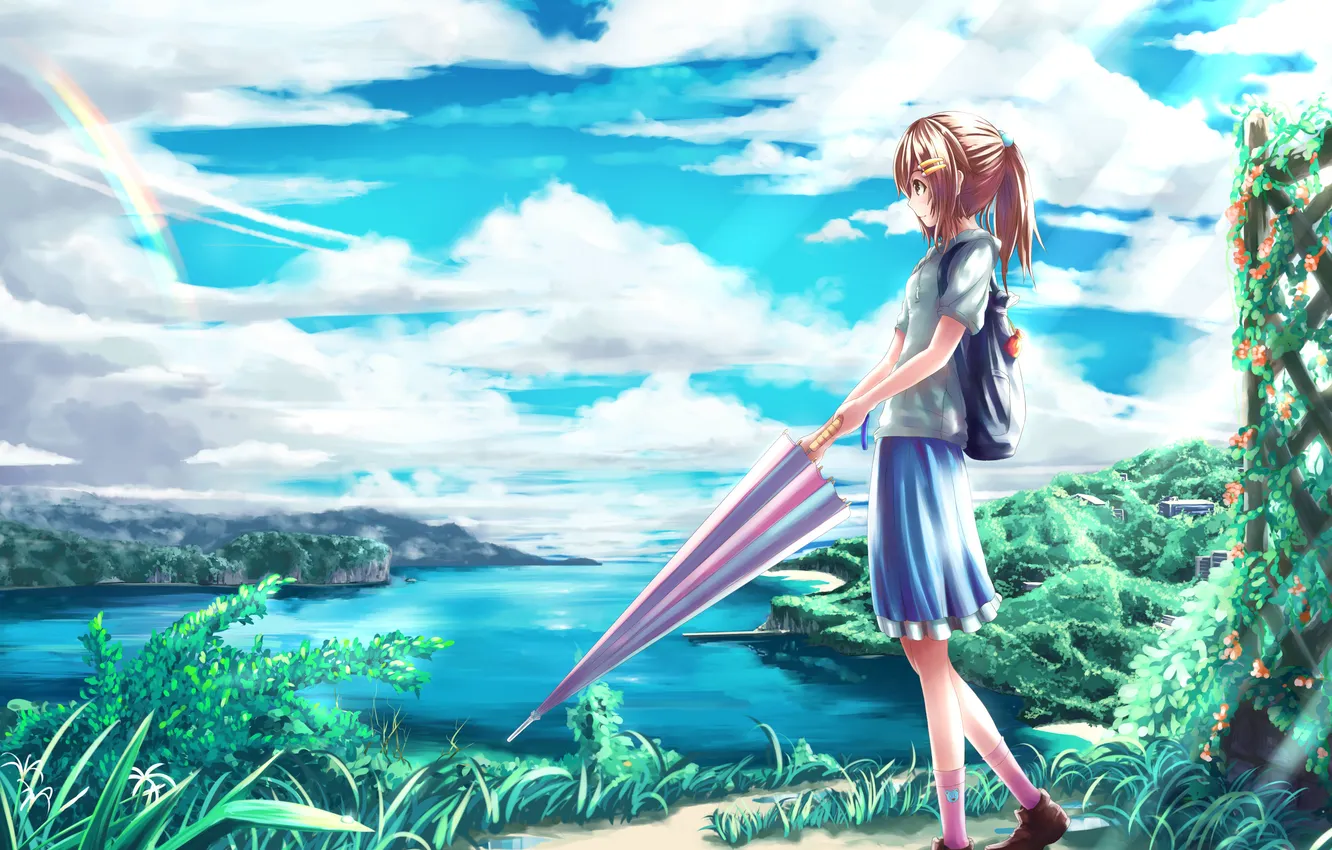 Photo wallpaper greens, the sky, girl, clouds, mood, the ocean, rainbow, umbrella