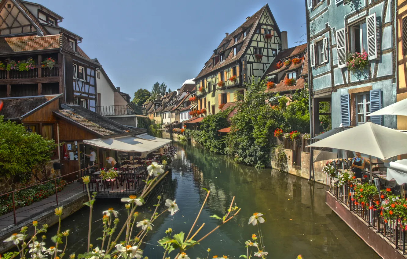 Photo wallpaper flowers, France, home, channel, cafe, canopy, Alsace, Alsace