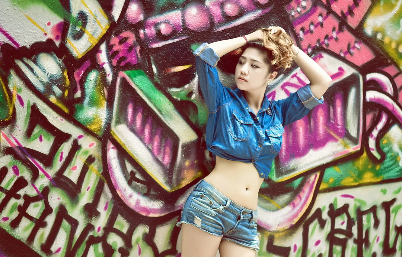 Photo wallpaper girl, wall, Asian