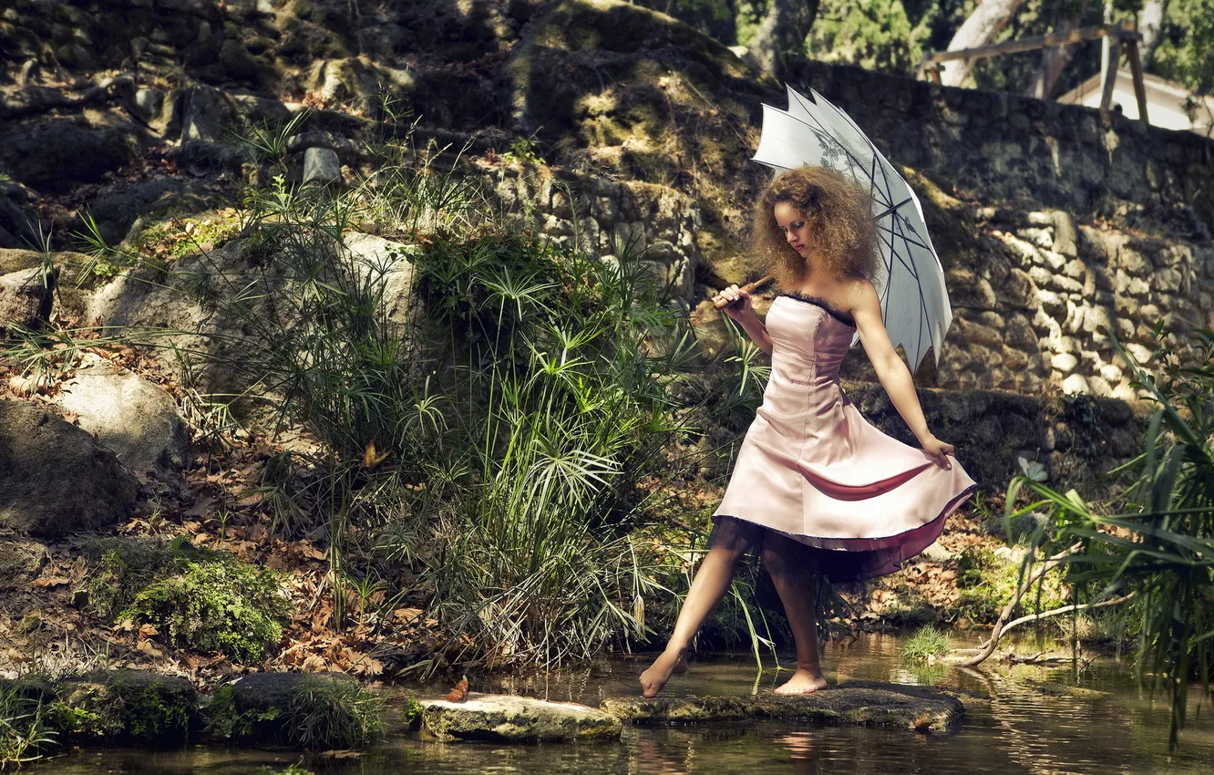 Photo wallpaper girl, nature, umbrella