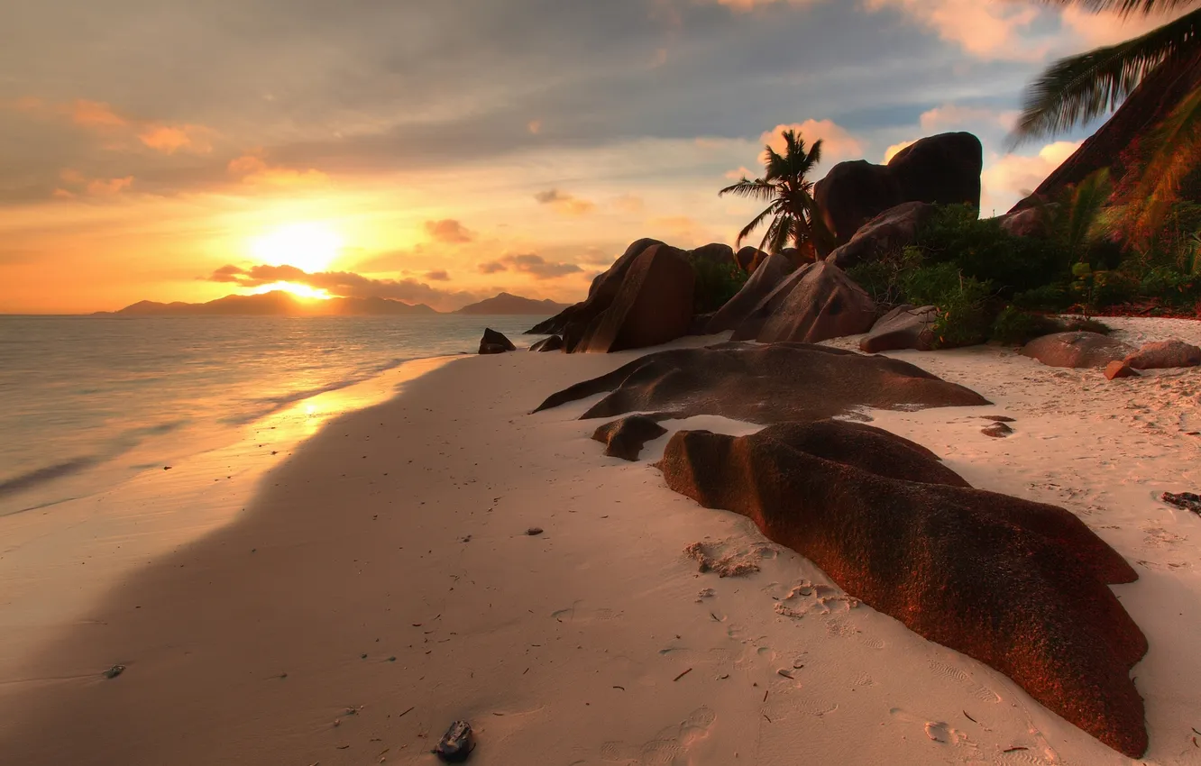 Photo wallpaper sand, sea, beach, sunset, tropics, stones, palm trees