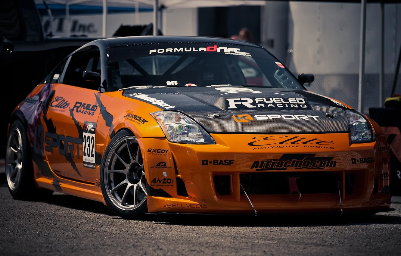 Photo wallpaper orange, Nissan, 350z, orange, stickers, carbon fiber hood, label, decal