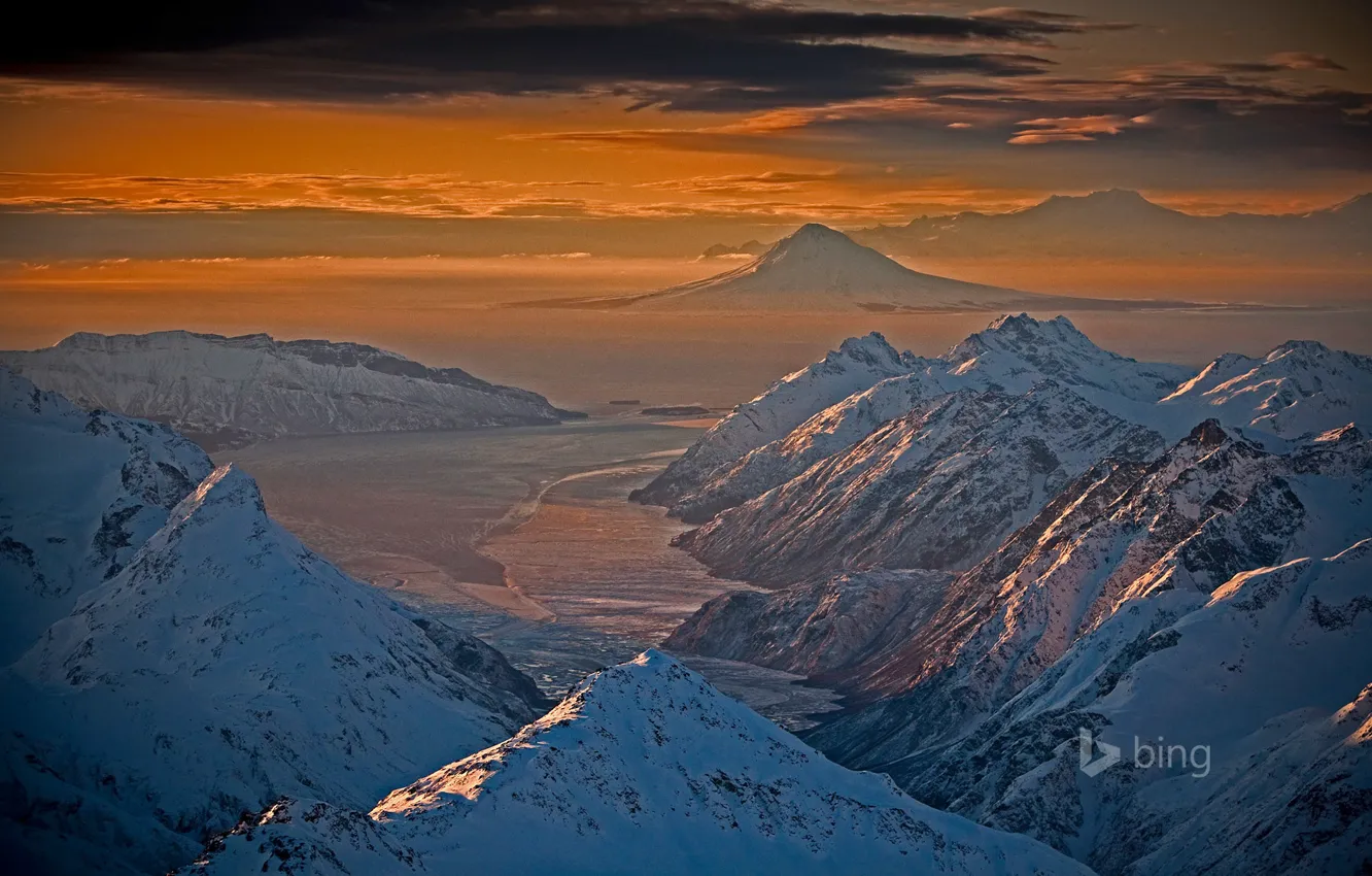 Photo wallpaper snow, mountains, nature, Alaska, glow, USA, Lake Clark National Park, Chigmit Mountains