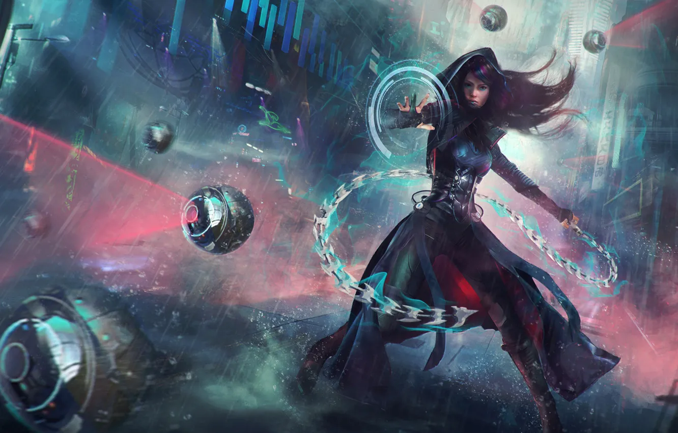 Photo wallpaper girl, fiction, art, chain, hood, sphere, cloak