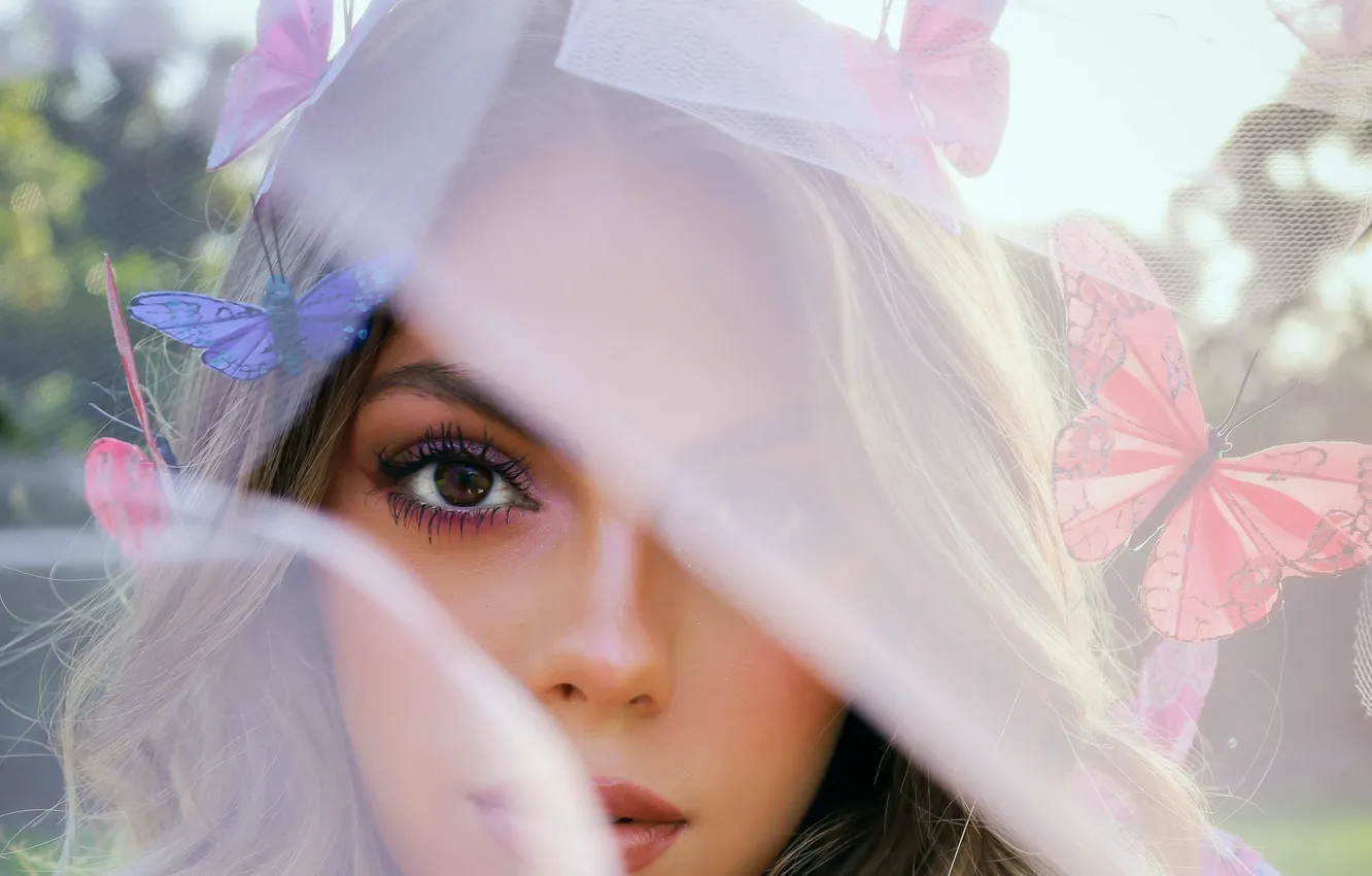 Photo wallpaper eyes, look, girl, eyelashes, butterfly, blonde, girl, model