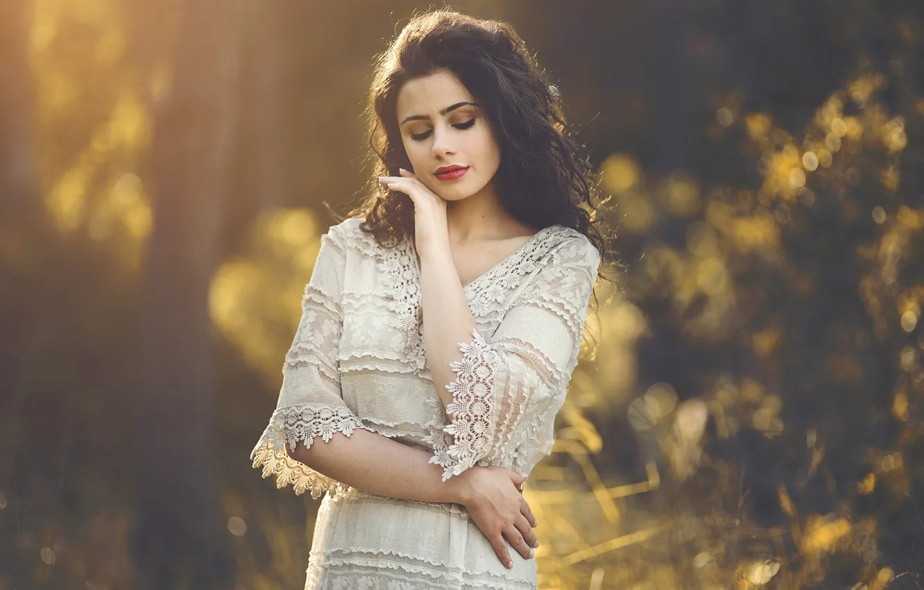 Photo wallpaper forest, girl, nature, mood, dress, brunette