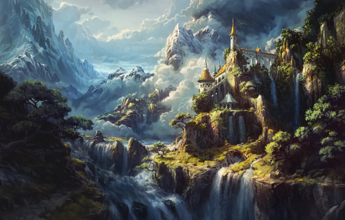 Photo wallpaper clouds, mountains, castle, waterfall, fantasy