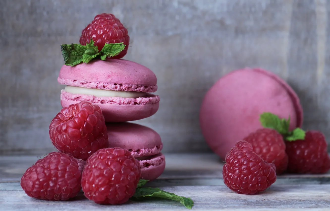 Photo wallpaper berries, raspberry, cookies, pink, cake, grey background, cream, bokeh