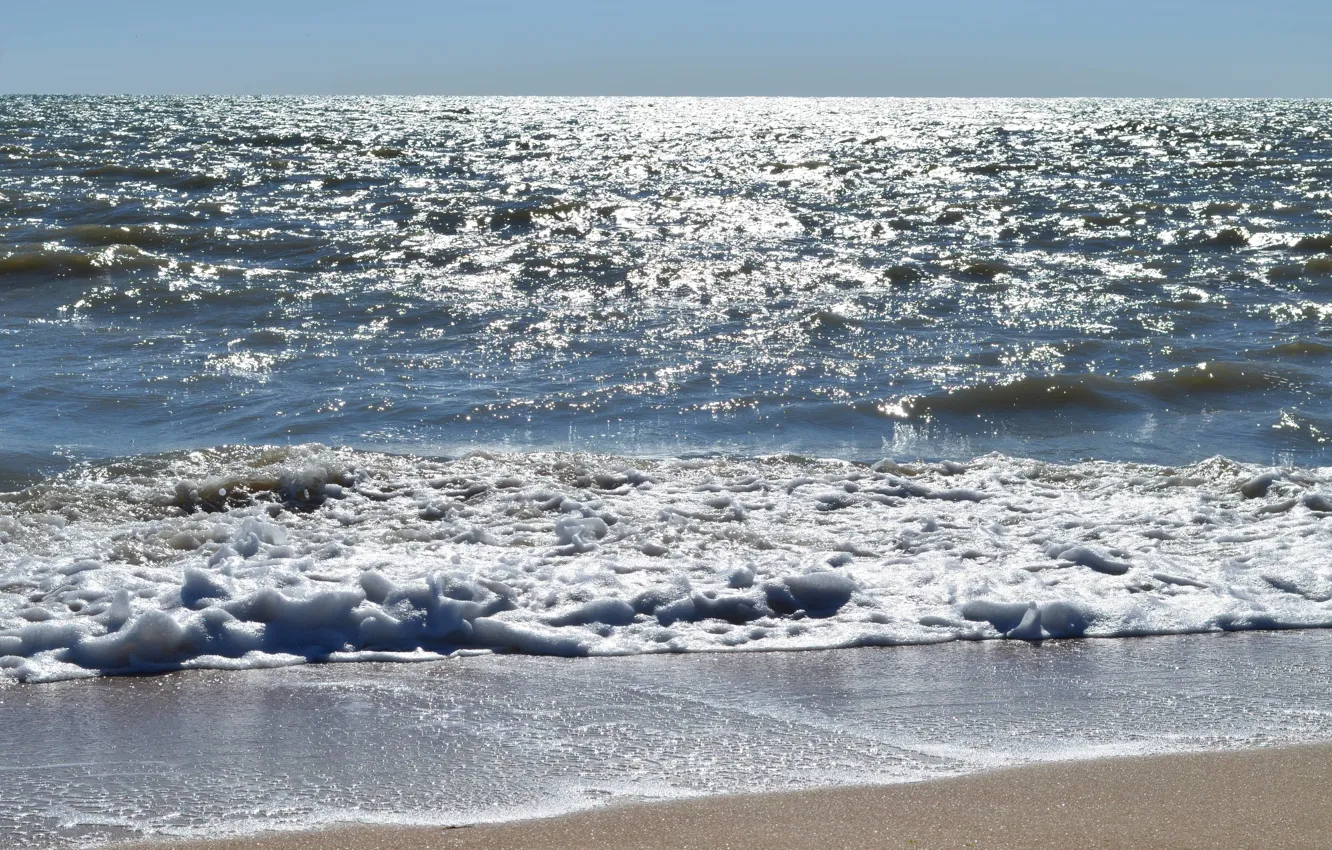 Photo wallpaper sea, wave, beach, the sun, sea foam