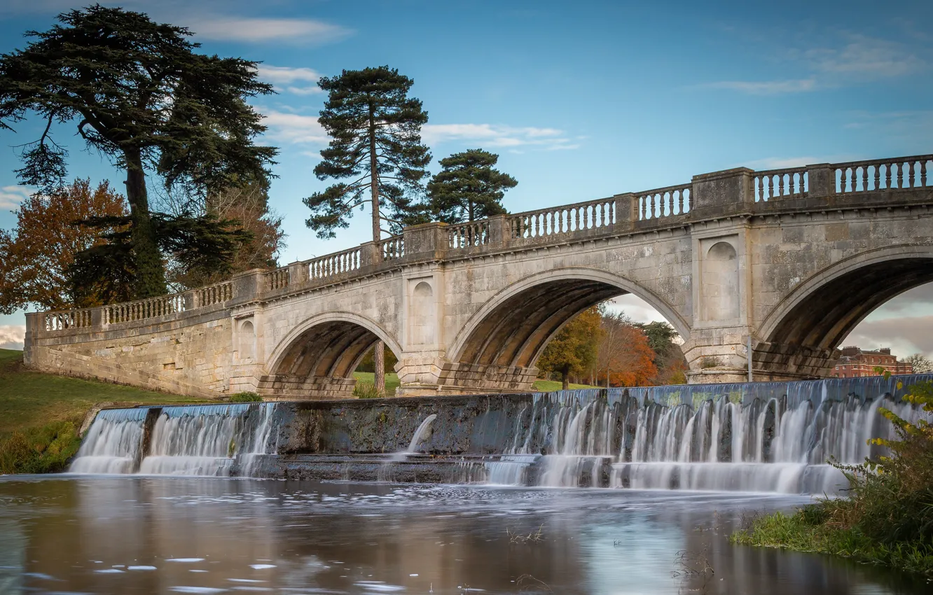 Photo wallpaper the sky, trees, bridge, shore, waterfall, stream, arch, old