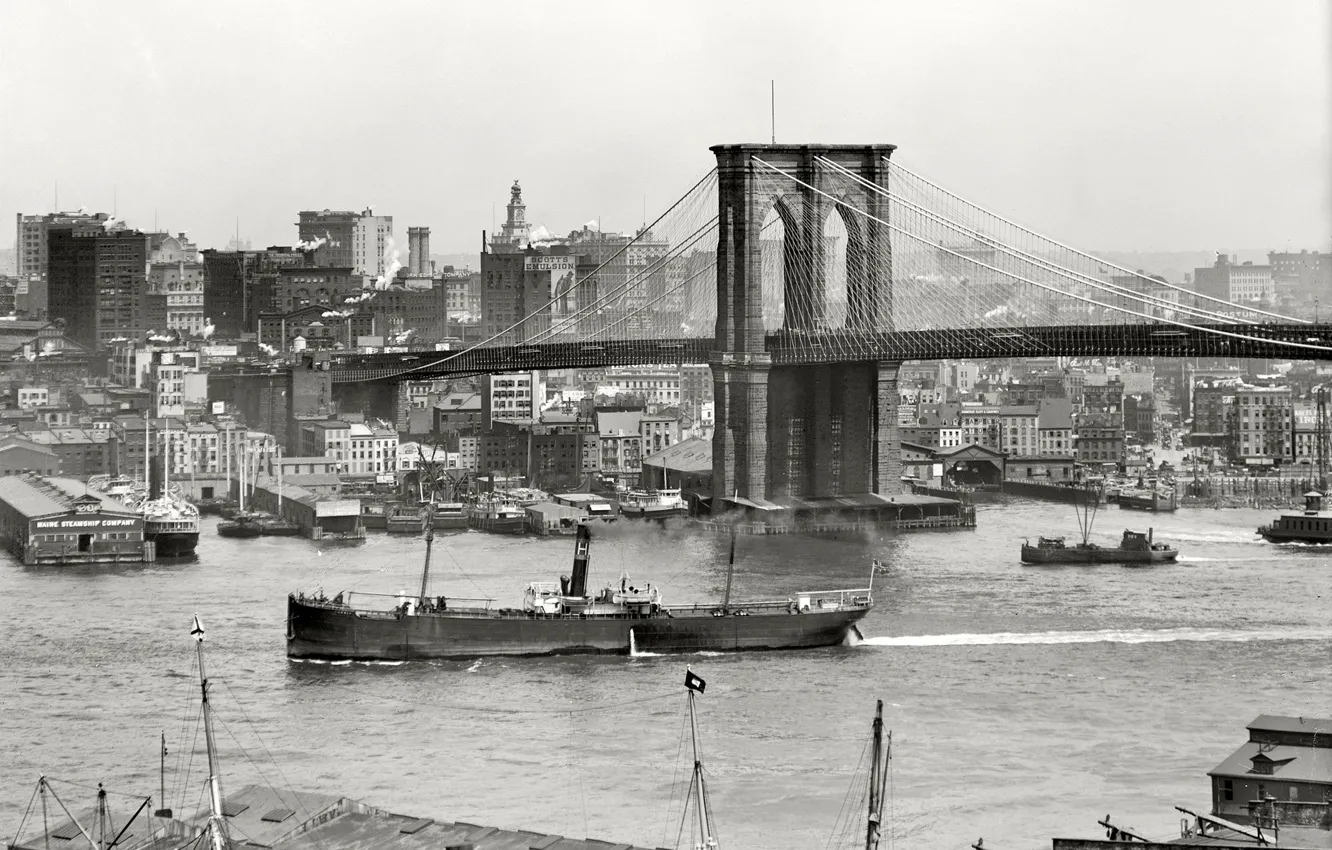 Photo wallpaper bridge, retro, river, ship, New York, panorama, USA, 1908-the year