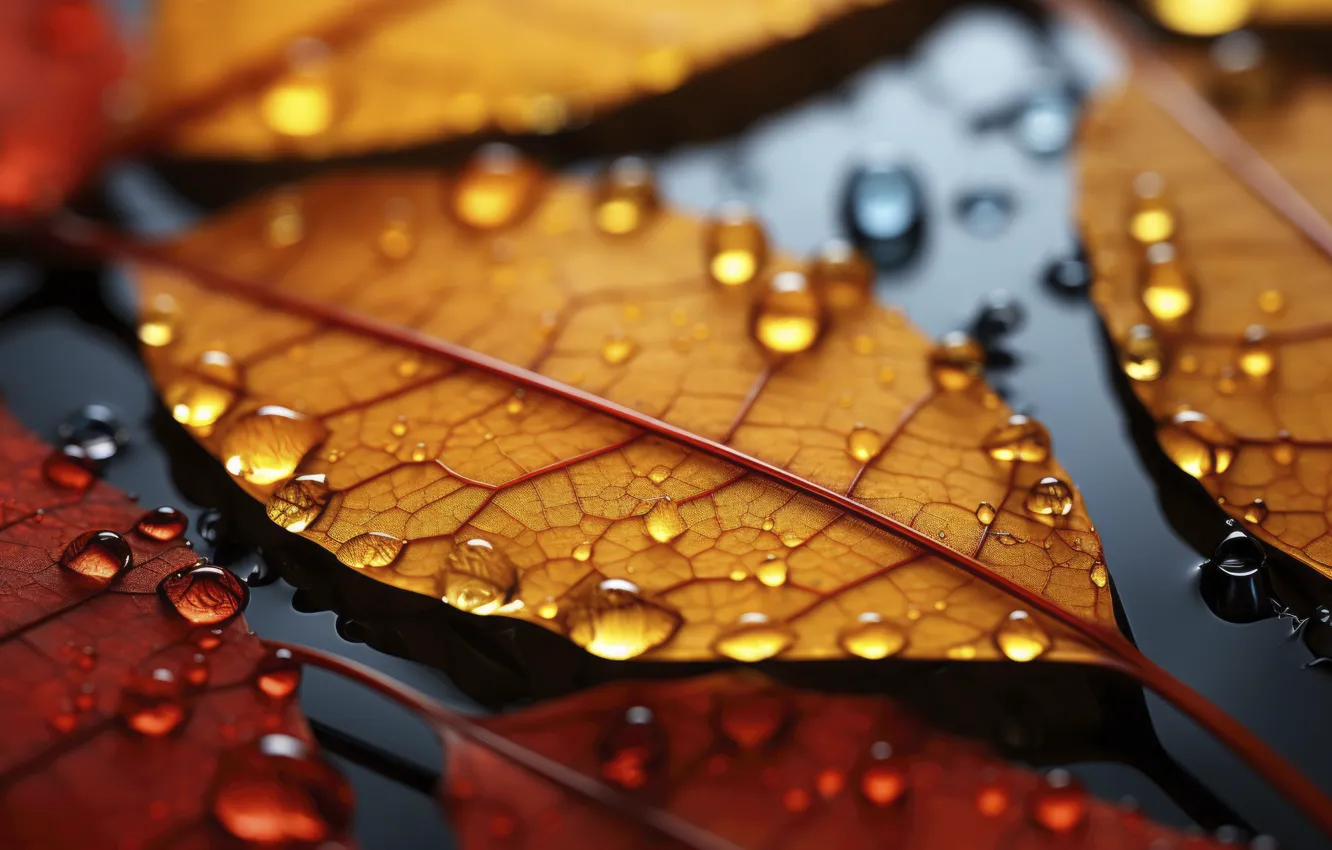 Photo wallpaper autumn, leaves, water, drops, background, rain, close-up, water