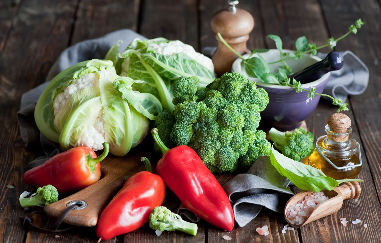 Photo wallpaper red, oil, pepper, vegetables, cabbage, broccoli, salt