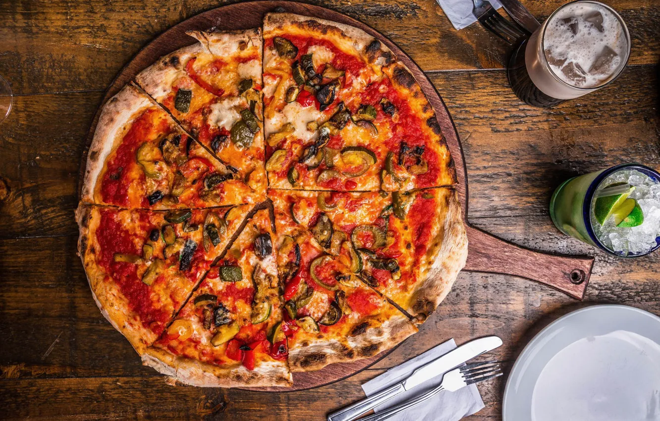 Photo wallpaper mushrooms, cheese, knife, Board, pizza, olives, cocoa