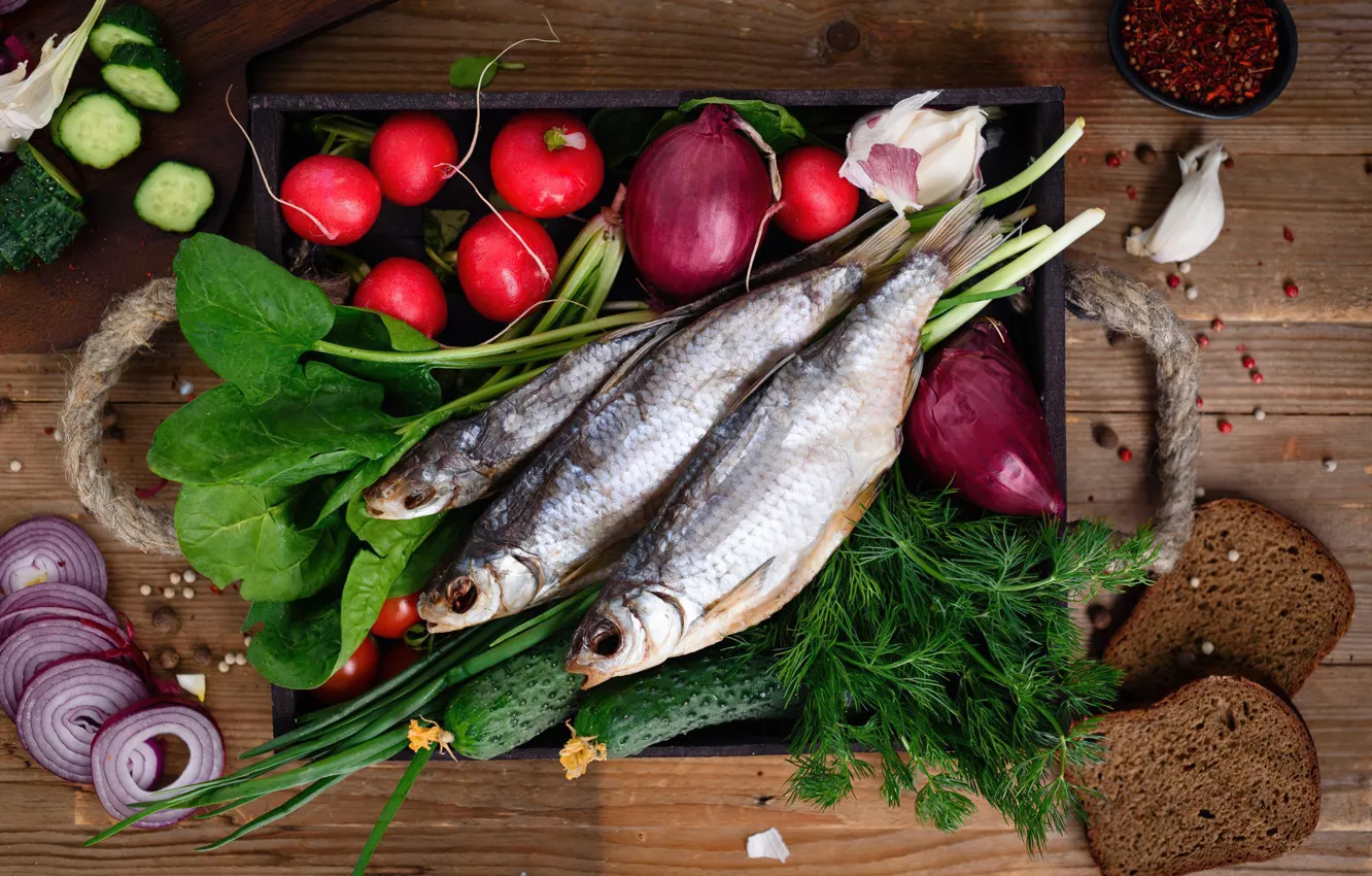 Photo wallpaper fish, vegetables, roach, dried