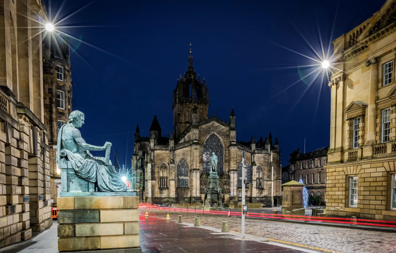 Photo wallpaper night, lights, street, home, Scotland, lights, Cathedral, temple