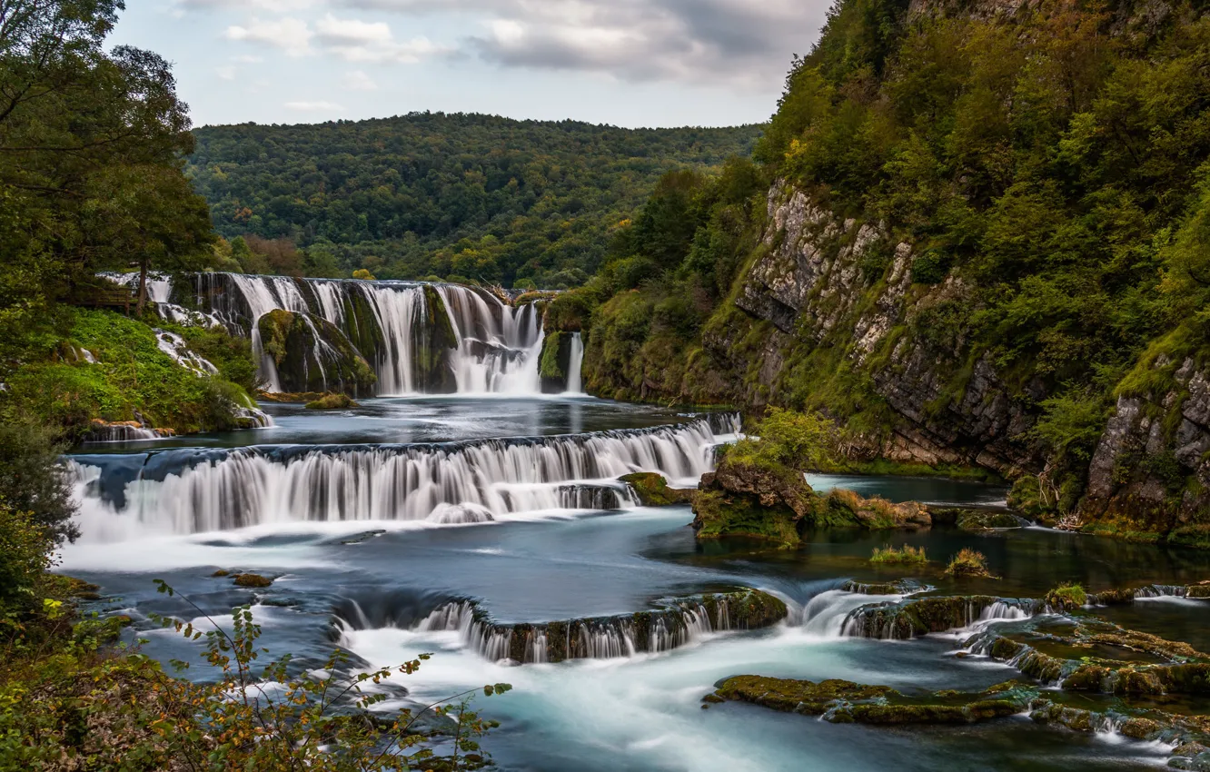 Photo wallpaper forest, rock, river, waterfalls, cascade, Bosnia and Herzegovina, Bosnia and Herzegovina, Štrbački Buk Waterfalls