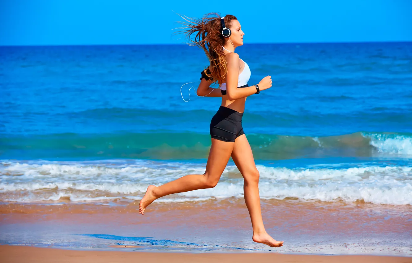 Photo wallpaper beach, sand, training, running, sportswear, jogging
