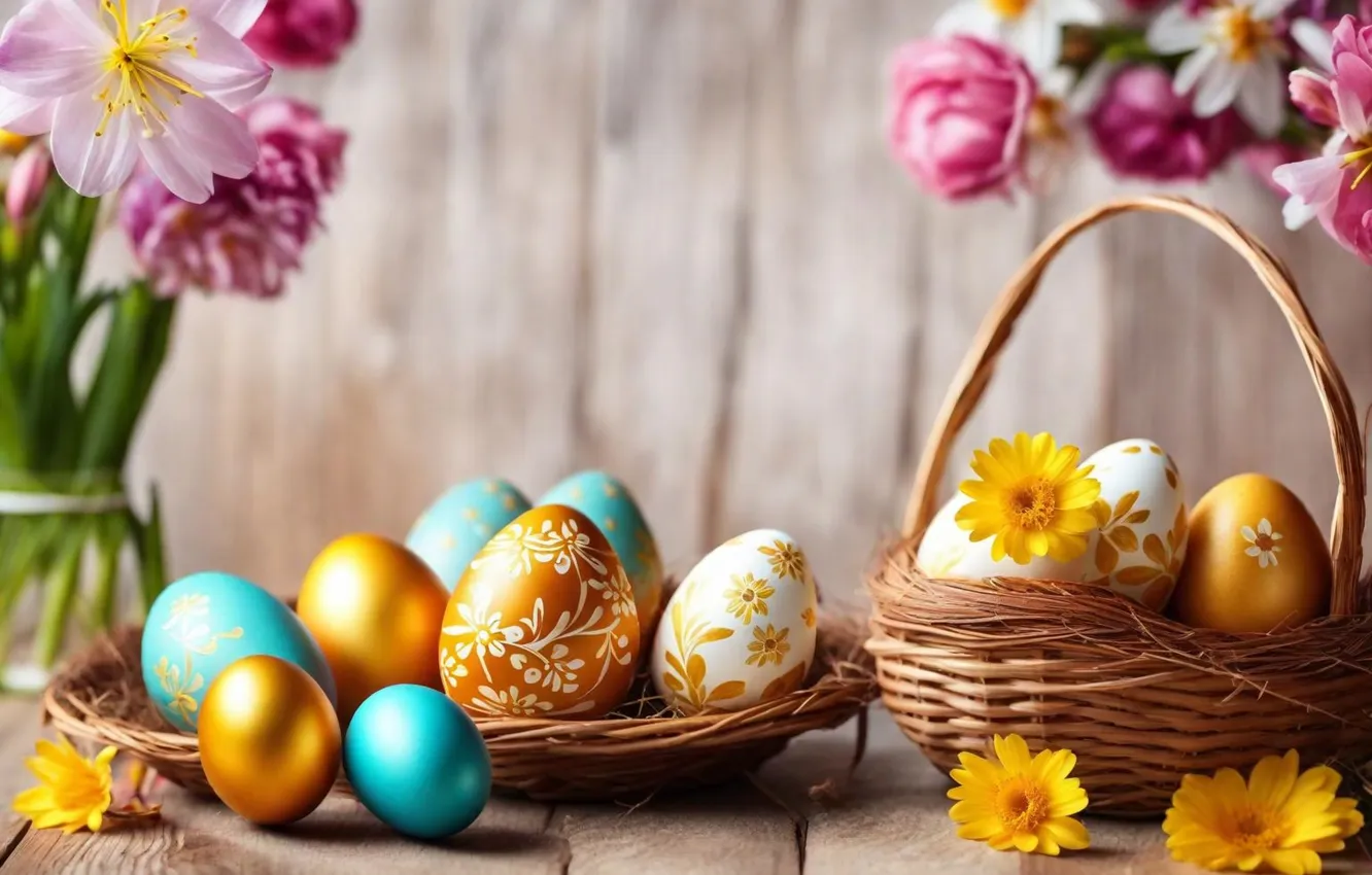 Photo wallpaper flowers, eggs, spring, colorful, Easter, flowers, spring, Easter
