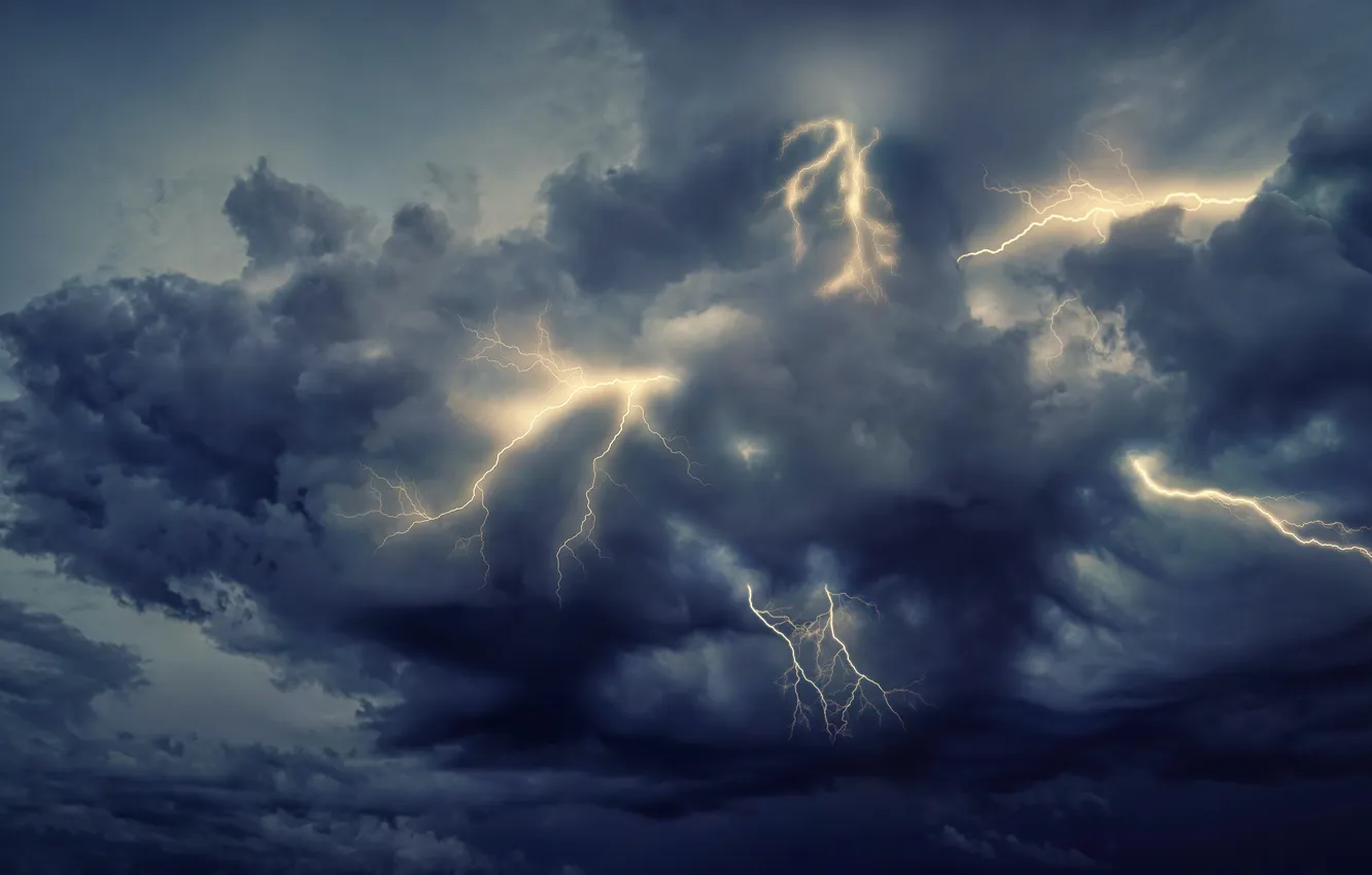 Photo wallpaper the sky, landscape, clouds, nature, lightning, twilight, sky, landscape