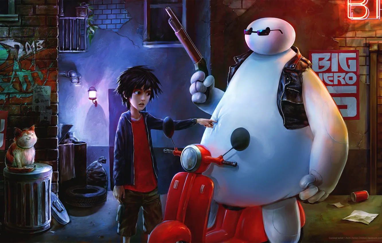 Photo wallpaper cat, the city, cartoon, art, children's, City of heroes, Hamada To Watch, Baumax