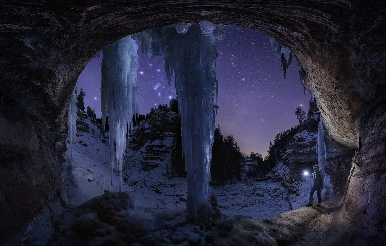 Photo wallpaper winter, night, ice, icicles, cave
