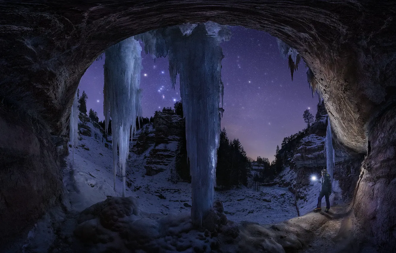 Photo wallpaper ice, winter, night, icicles, cave