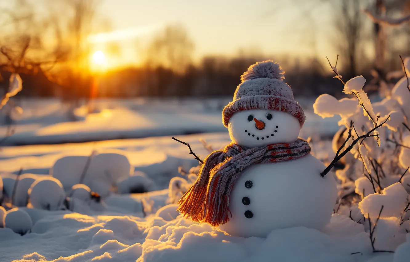 Photo wallpaper winter, snow, new year, Christmas, snowman, Christmas, winter, snow