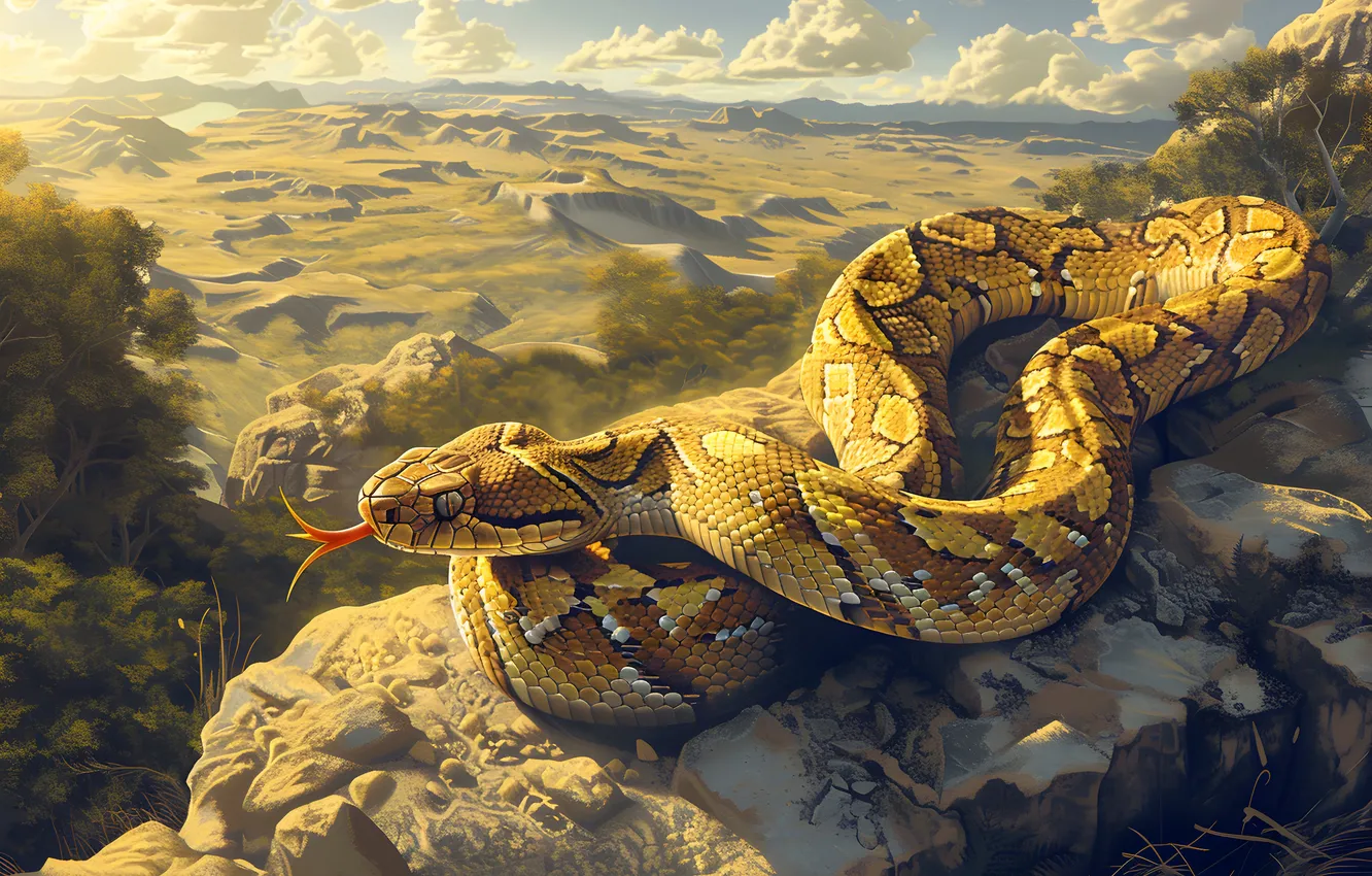 Photo wallpaper clouds, mountains, animal, snake, art, reptile, digital art, imitation painting