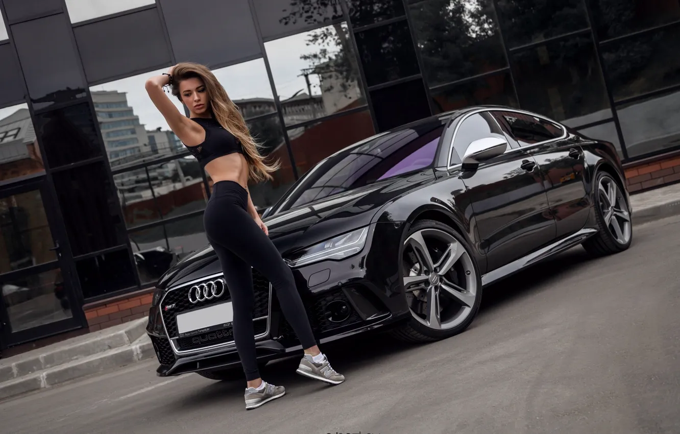 Photo wallpaper girl, pose, reflection, the building, figure, hairstyle, t-shirt, car