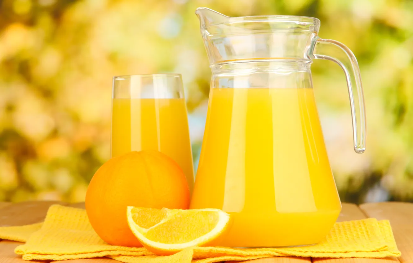 Photo wallpaper glass, table, orange, juice, pitcher, fruit, citrus