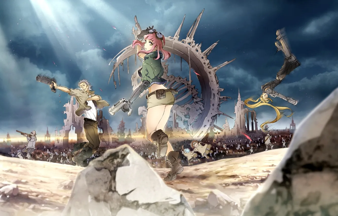 Photo wallpaper the sky, girl, clouds, light, children, weapons, people, anime