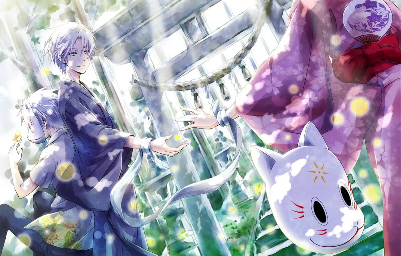 Photo wallpaper girl, nature, anime, mask, art, ladder, guy, kimono