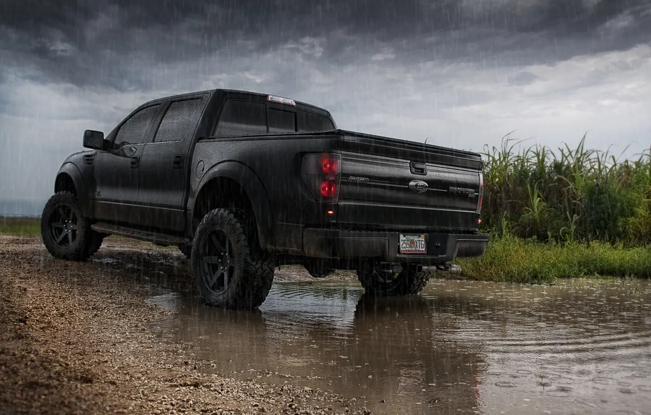 Photo wallpaper the sky, grass, water, clouds, rain, black, tuning, Ford