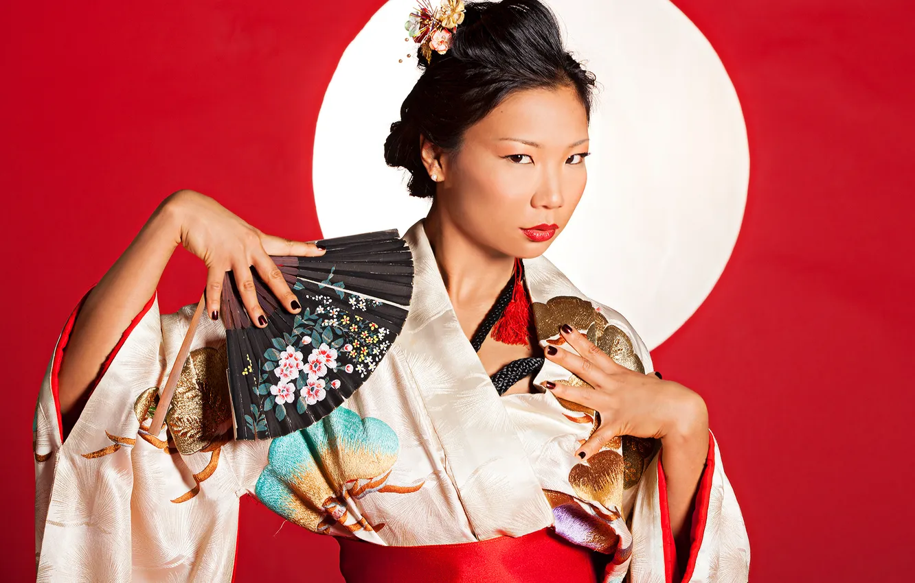 Photo wallpaper look, model, brunette, fan, kimono, Playboy, hiromi oshima