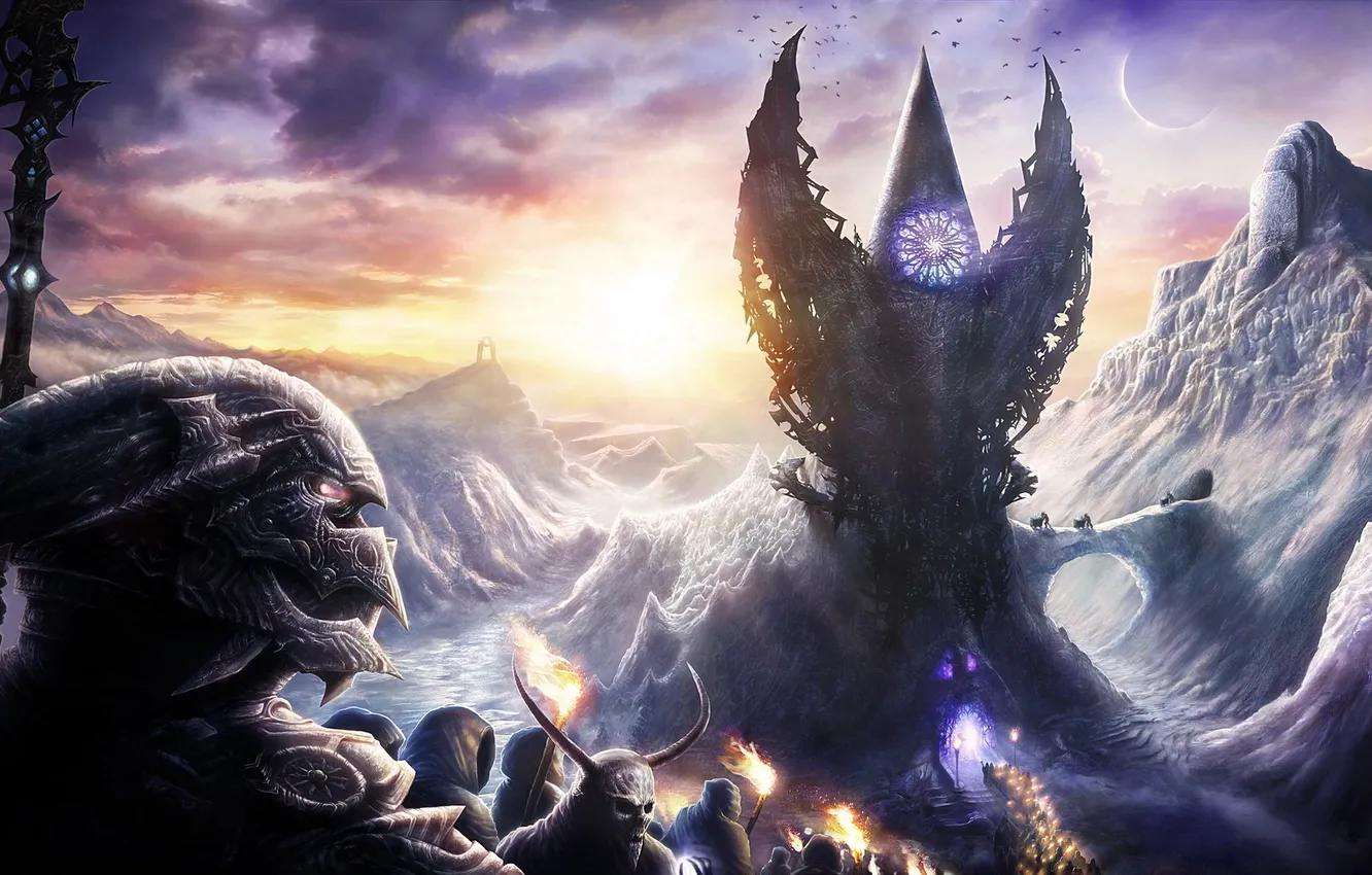 Photo wallpaper snow, sunset, mountains, war, fortress