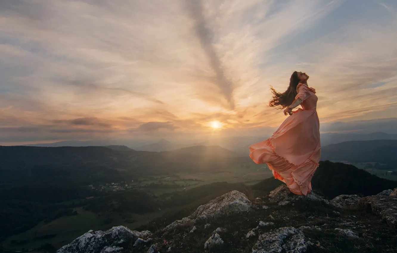 Photo wallpaper the sky, girl, landscape, nature, romance, dal, dress, long hair