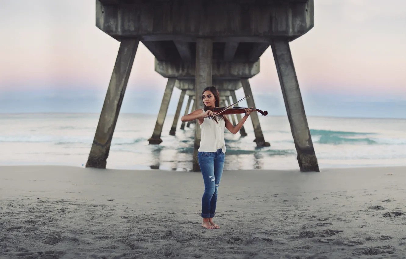 Photo wallpaper sea, girl, bridge, music, violin