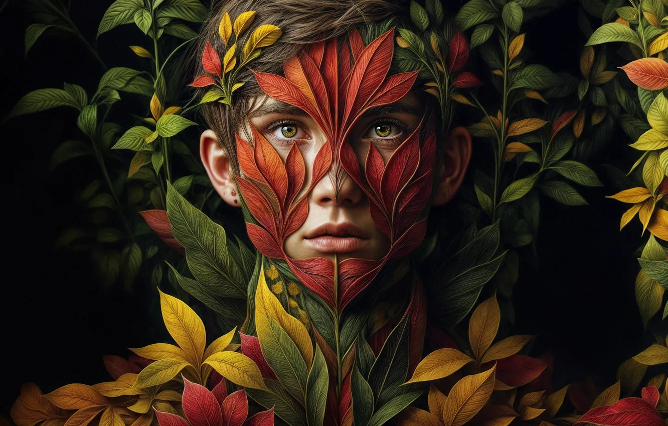 Photo wallpaper autumn, look, leaves, face, style, the dark background, fiction, foliage