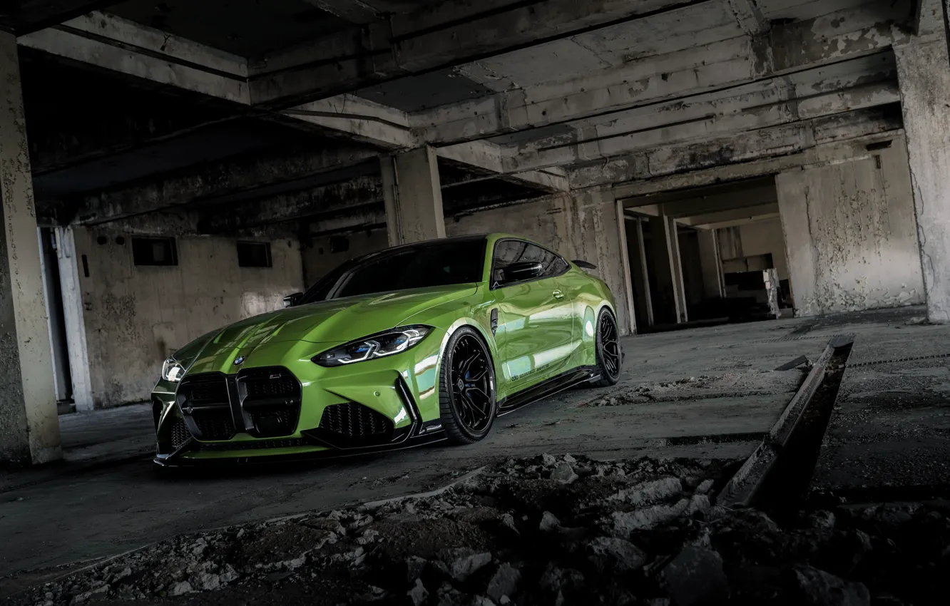 Photo wallpaper BMW, Green, Front, Building, M4 Coupe, G82, BMW M4 Coupe, ADRO