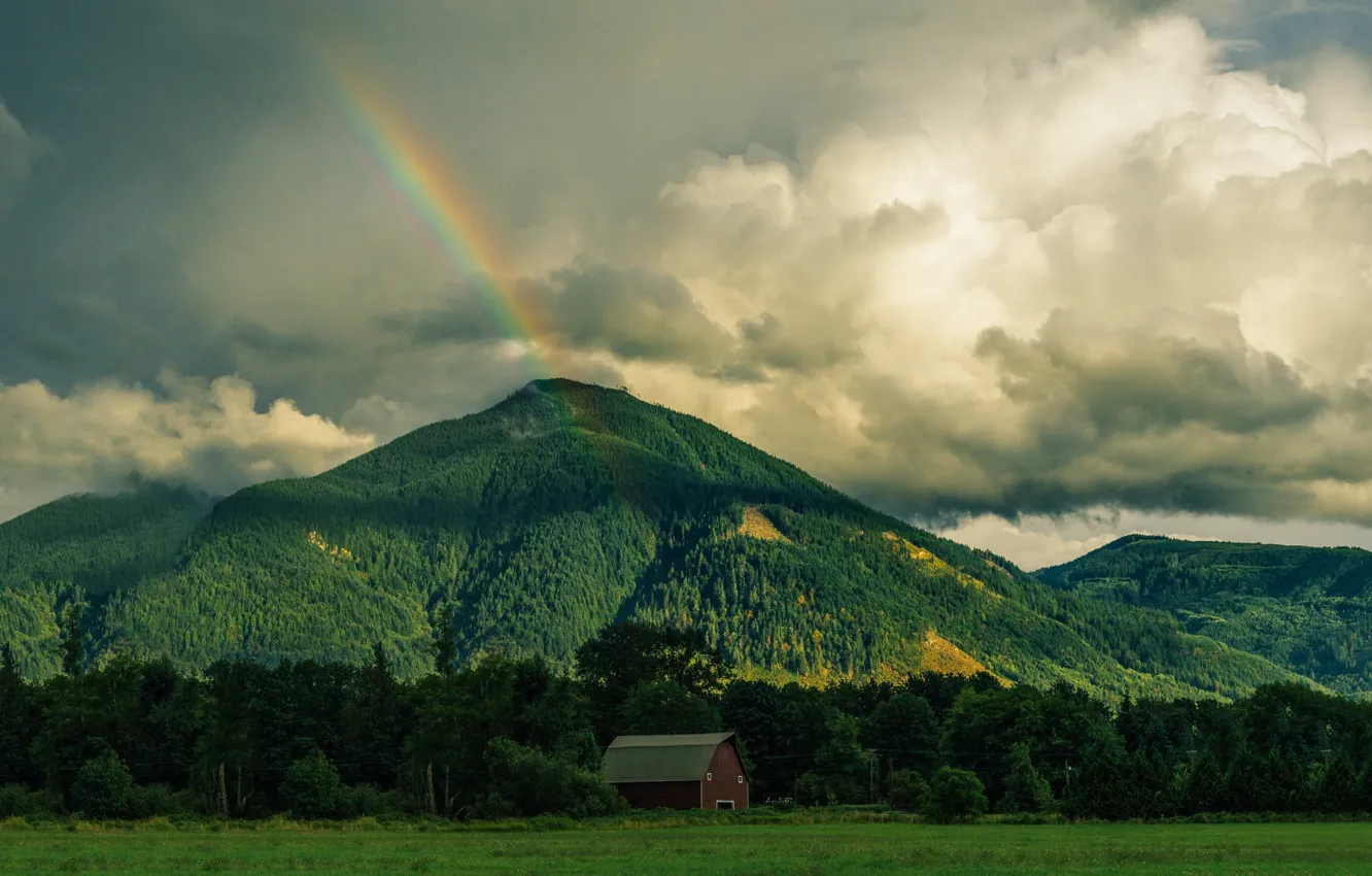 Photo wallpaper greens, field, forest, summer, the sky, clouds, trees, mountains