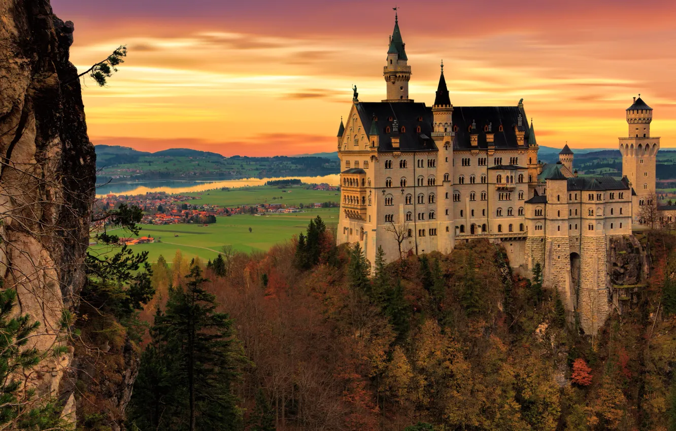 Photo wallpaper forest, trees, sunset, mountains, castle, rocks, Germany, Bayern